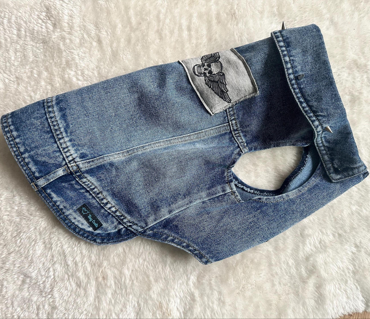 Denim Dog Jacket with winged Skull patch and Spiked Studs 49-55cm / 19-21.5inch chest