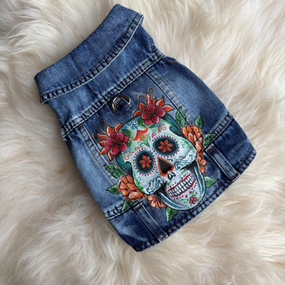 Hand Painted Day of the Dead Dog Denim Jacket