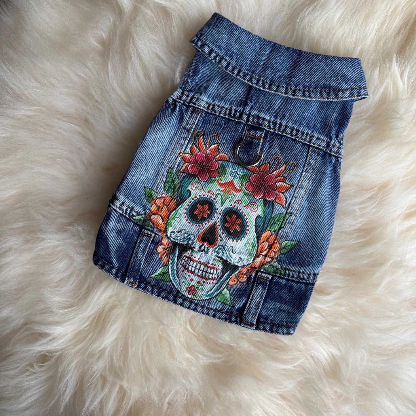 Hand Painted Day of the Dead Dog Denim Jacket