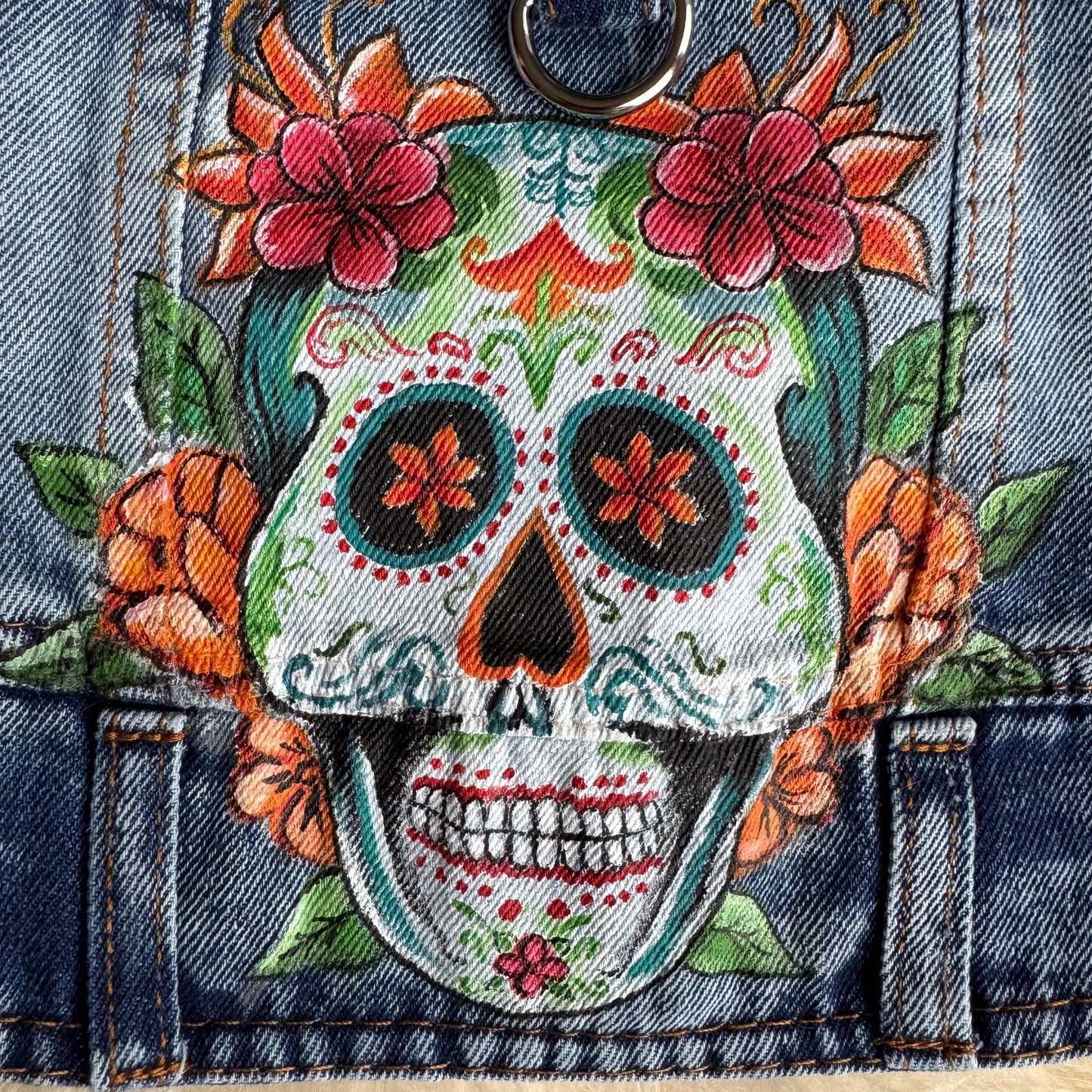 Hand Painted Day of the Dead Dog Denim Jacket